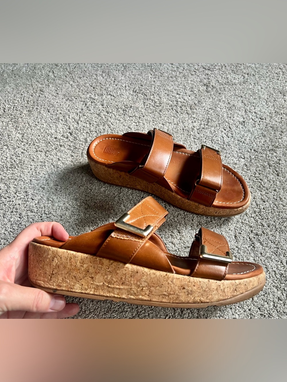 FitFlop Remi Women’s Size 9 Adjustable cork Wedge Sandals Slides Tan Leather